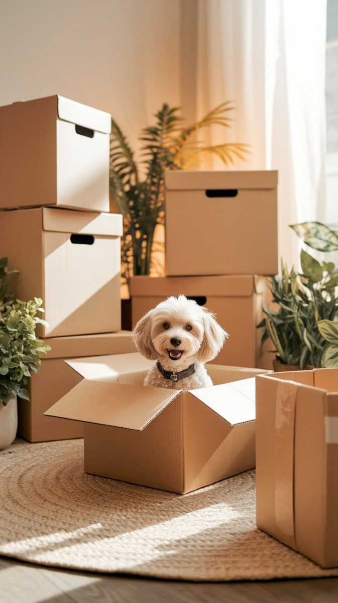 Moving boxes with dog